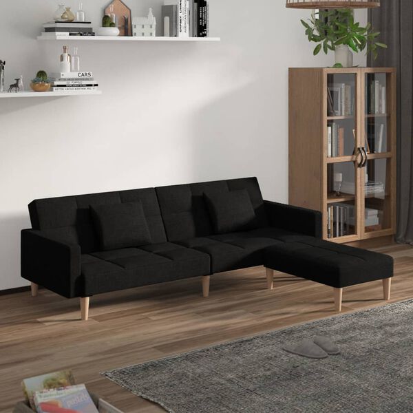 vidaXL Schlafsofa 2-Sitzer mit 2 Kissen & Hocker Schwarz Stoff