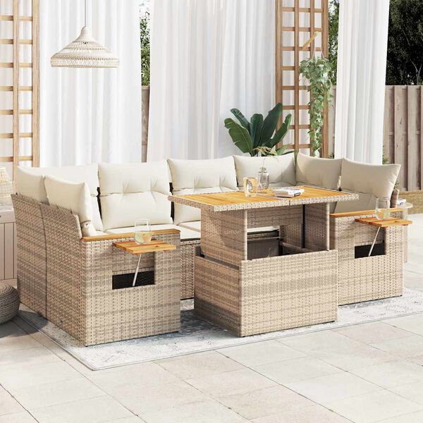vidaXL 7-tlg. Garten-Sofagarnitur mit Kissen Beige Poly Rattan Akazie