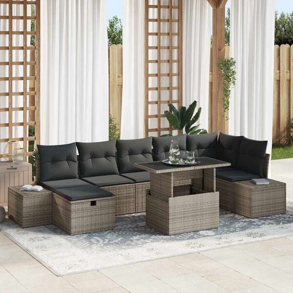 vidaXL Garten-Sofa-Set mit Kissen mit Speicher 8 pcs Grau Poly Rattan