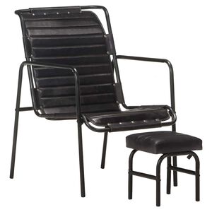 vidaXL Relaxsessel mit Fu&szlig;hocker Schwarz Echtleder
