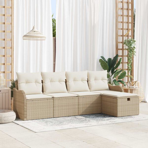 vidaXL Garten-Sofa-Set mit Kissen mit Speicher 5 pcs Beige Poly Rattan