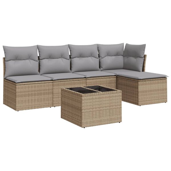 vidaXL 6-tlg. Garten-Sofagarnitur mit Kissen Beige Poly Rattan