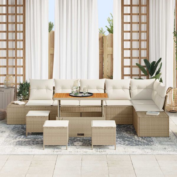 vidaXL Gartensofa-set mit Kissen mit Speicher 10 pcs Beige Poly Rattan