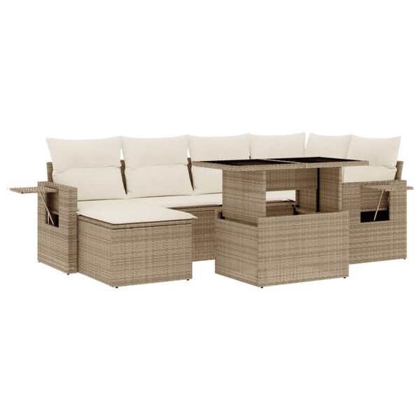 vidaXL 7-tlg. Garten-Sofagarnitur mit Kissen Beige Poly Rattan