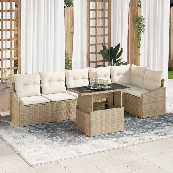 vidaXL Garten-Sofa-Set mit Kissen mit Speicher 7 pcs Beige und Creme
