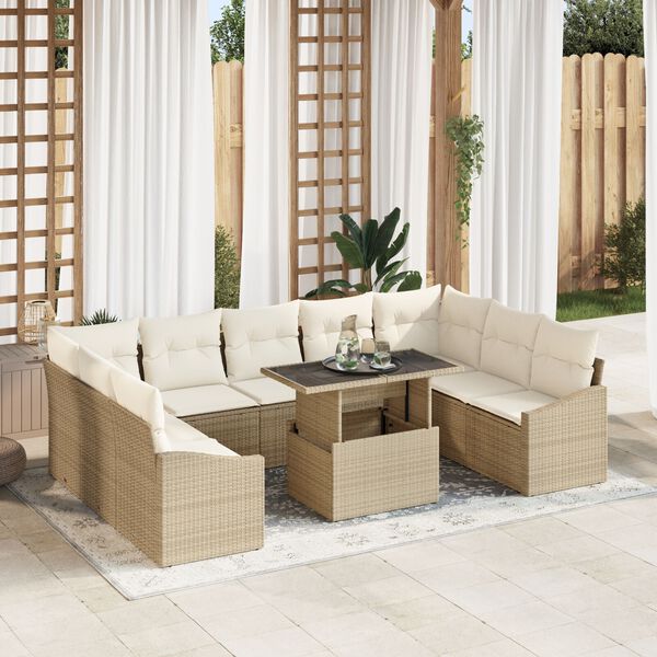 vidaXL Garten-Sofa-Set mit Kissen mit Speicher 10 pcs Beige und Creme