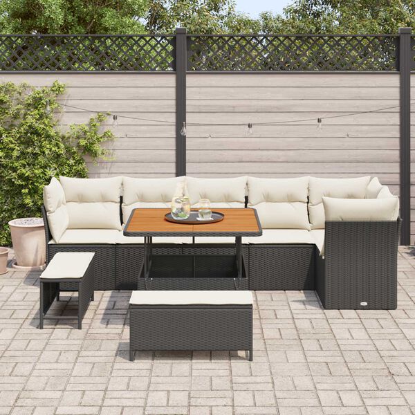 vidaXL Garten-Sofa-Set mit Kissen mit Speicher 9 pcs Schwarz und Creme