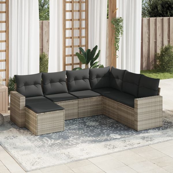 vidaXL 7-tlg. Garten-Sofagarnitur mit Kissen Hellgrau Poly Rattan
