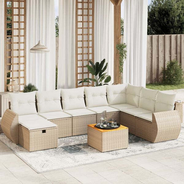 vidaXL 9-tlg. Garten-Sofagarnitur mit Kissen Beige Poly Rattan