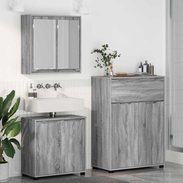 vidaXL Badezimmerm&ouml;bel-Set mit Regal 3 pcs Graues Sonoma Holzwerkstoff