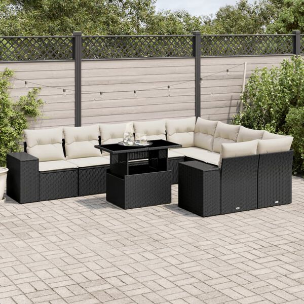 vidaXL 10-tlg. Garten-Sofagarnitur mit Kissen Schwarz Poly Rattan