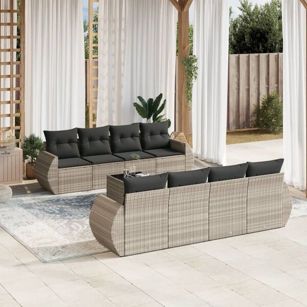 vidaXL 9-tlg. Garten-Sofagarnitur mit Kissen Hellgrau Poly Rattan