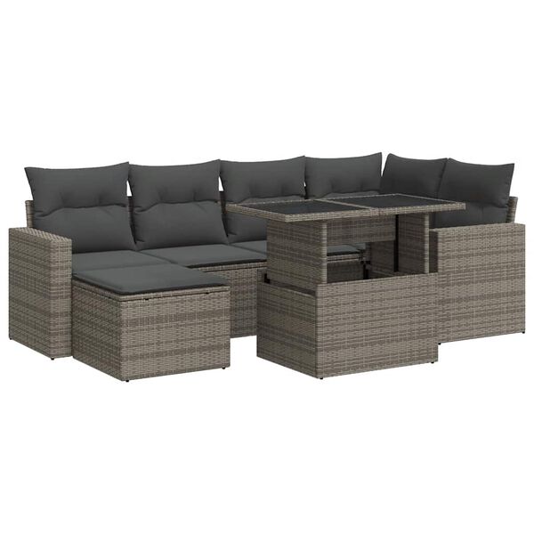 vidaXL 7-tlg. Garten-Sofagarnitur mit Kissen Grau Poly Rattan