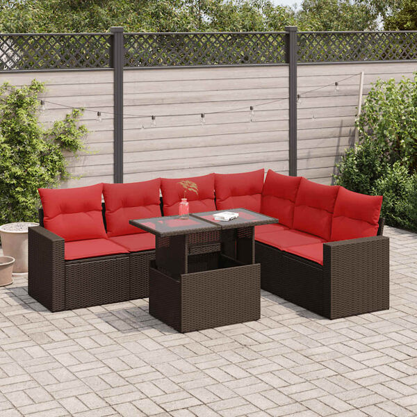 vidaXL 7-tlg. Garten-Sofagarnitur mit Kissen Grau Poly Rattan Akazie