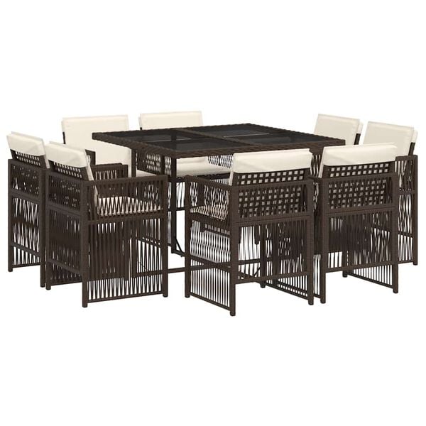 vidaXL 9-tlg. Garten-Essgruppe mit Kissen Braun Poly Rattan