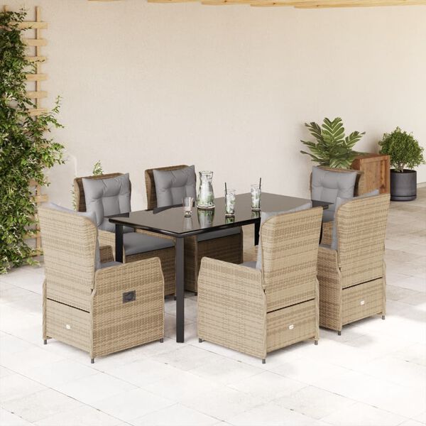 vidaXL 7-tlg. Garten-Essgruppe mit Kissen Beige Poly Rattan
