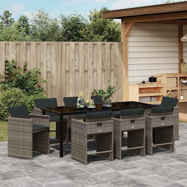 vidaXL Garten Essgruppe mit Kissen 9 pcs Grau Poly-Rattan