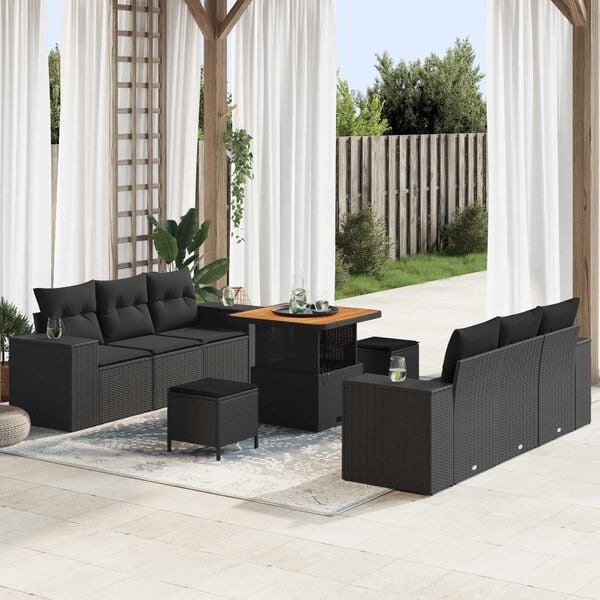 vidaXL Gartensofa-set mit Kissen 9 pcs Schwarz Poly Rattan