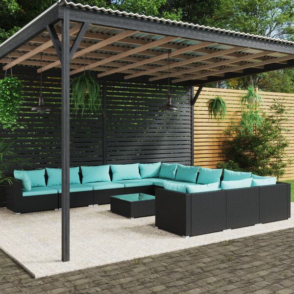 vidaXL 12-tlg. Garten-Lounge-Set mit Kissen Poly Rattan Schwarz