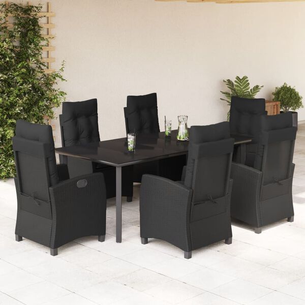 vidaXL 7-tlg. Garten-Essgruppe mit Kissen Schwarz Poly Rattan