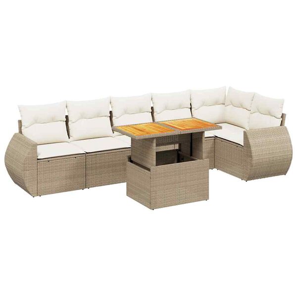 vidaXL 7-tlg. Garten-Sofagarnitur mit Kissen Beige Poly Rattan