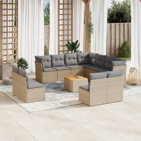 vidaXL 12-tlg. Garten-Sofagarnitur mit Kissen Beige Poly Rattan