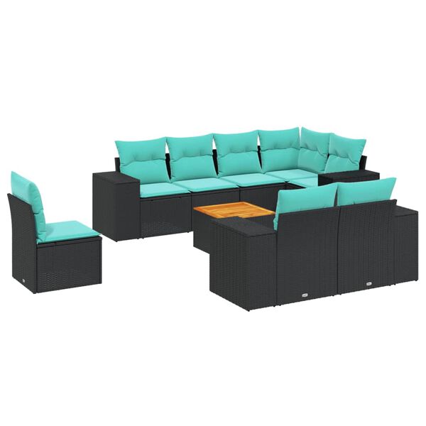 vidaXL 9-teiliges Gartensofa-Set mit Kissen, schwarzes Polyrattan