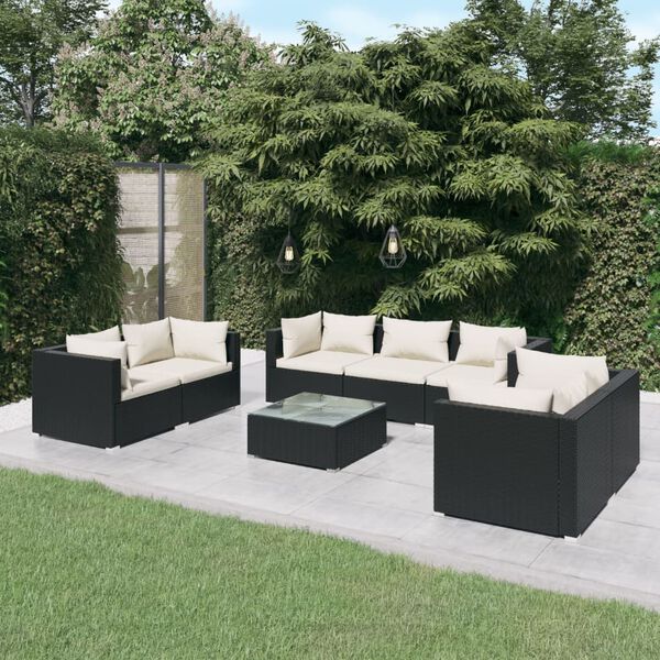 vidaXL 8-tlg. Garten-Lounge-Set mit Kissen Poly Rattan Schwarz