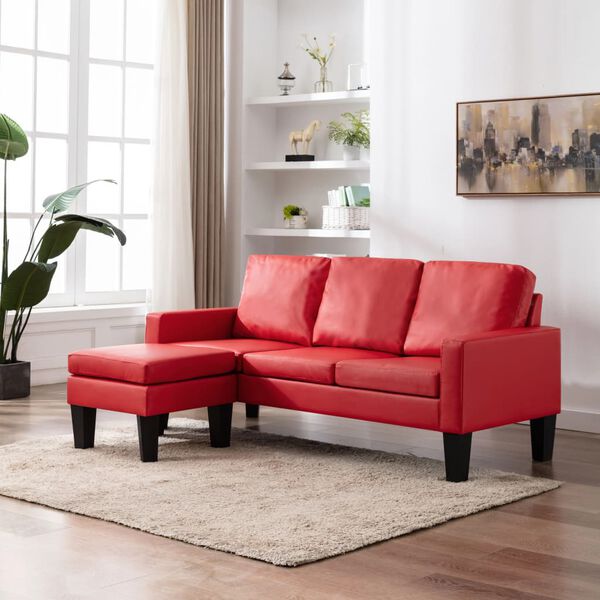 vidaXL 3-Sitzer-Sofa mit Hocker Rot Kunstleder