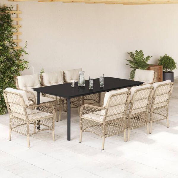 vidaXL 9-tlg. Garten-Essgruppe mit Kissen Beige Poly Rattan