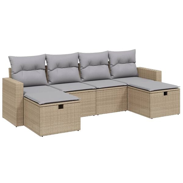 vidaXL 6-tlg. Garten-Sofagarnitur mit Kissen Beige Poly Rattan