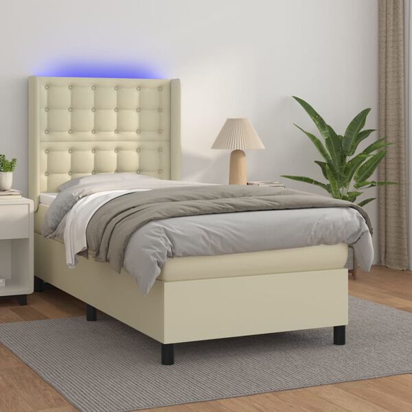 vidaXL Boxspringbett mit Matratze & LED Creme 90x200 cm Kunstleder