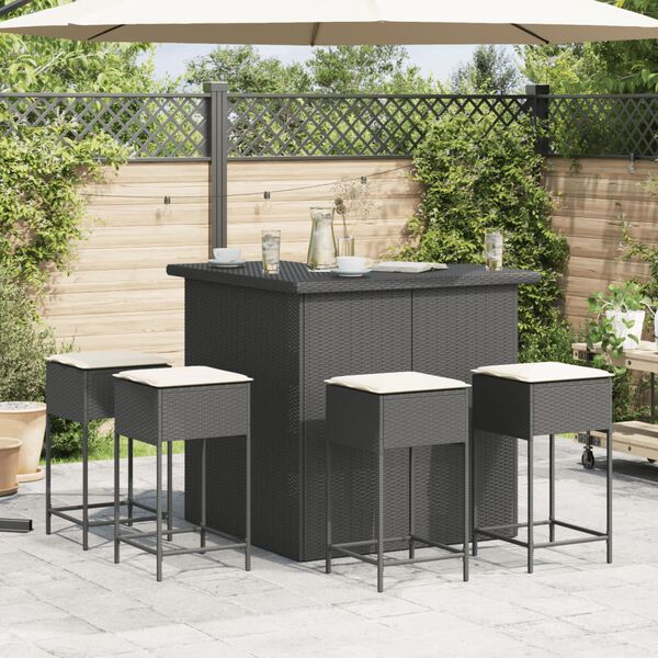 vidaXL 5-tlg. Gartenbar-Set mit Kissen Schwarz Poly Rattan