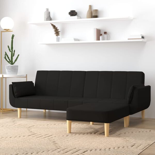 vidaXL Schlafsofa 2-Sitzer mit Hocker & Zwei Kissen Schwarz Stoff