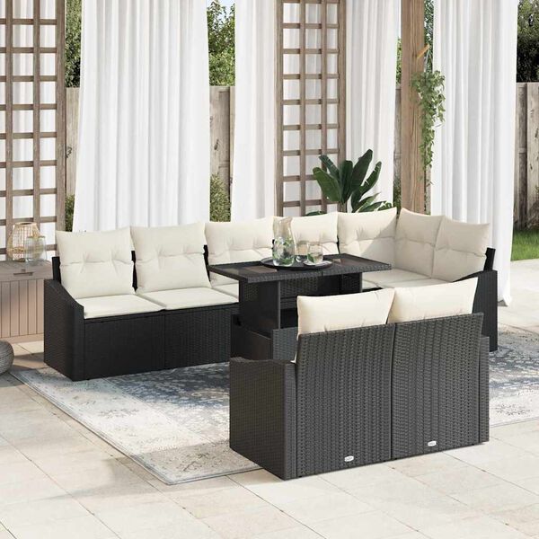 vidaXL Garten-Sofa-Set mit Kissen mit Speicher 9 pcs Schwarz und Creme