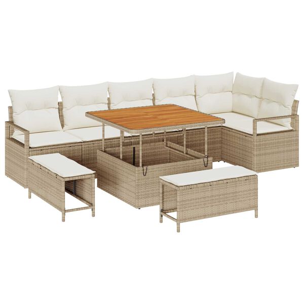 vidaXL Garten-Sofa-Set mit Kissen 9 pcs Beige Poly Rattan
