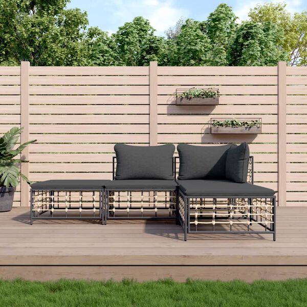 vidaXL 4-tlg. Garten-Lounge-Set mit Kissen Anthrazit Poly Rattan
