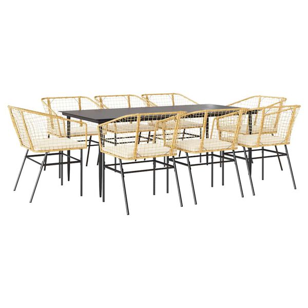 vidaXL 9-tlg. Garten-Essgruppe mit Kissen Braun Poly Rattan Glas