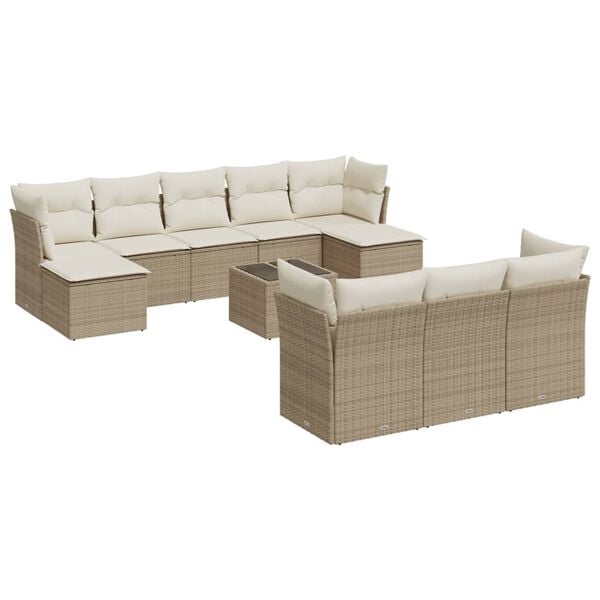 vidaXL 11-tlg. Garten-Sofagarnitur mit Kissen Beige Poly Rattan