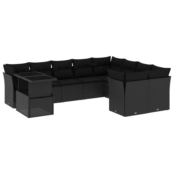vidaXL 10-tlg. Garten-Sofagarnitur mit Kissen Schwarz Poly Rattan
