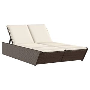 vidaXL Doppel-Sonnenliege mit Auflagen Braun Poly Rattan