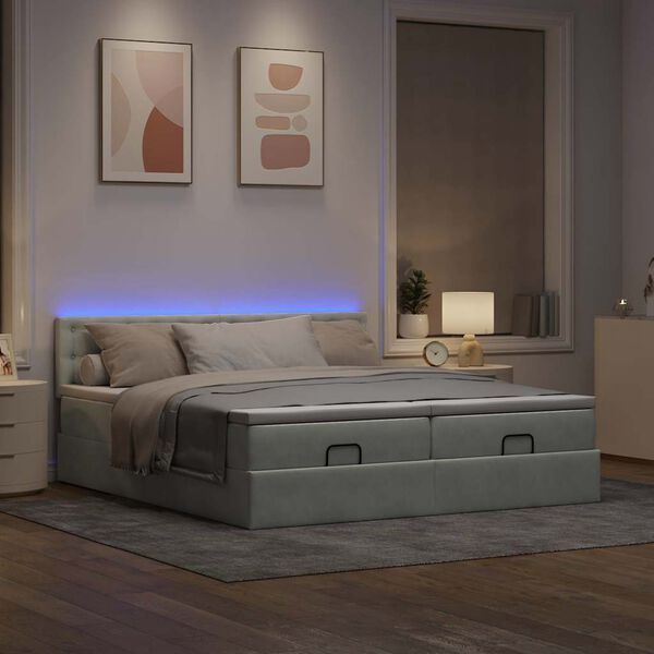 vidaXL Ottoman-Bett mit Matratzen & LEDs Hellgrau 200x200 cm Samt