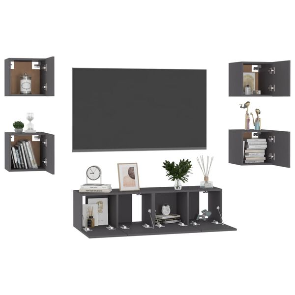 vidaXL 6-tlg. TV-Schrank-Set Grau Holzwerkstoff