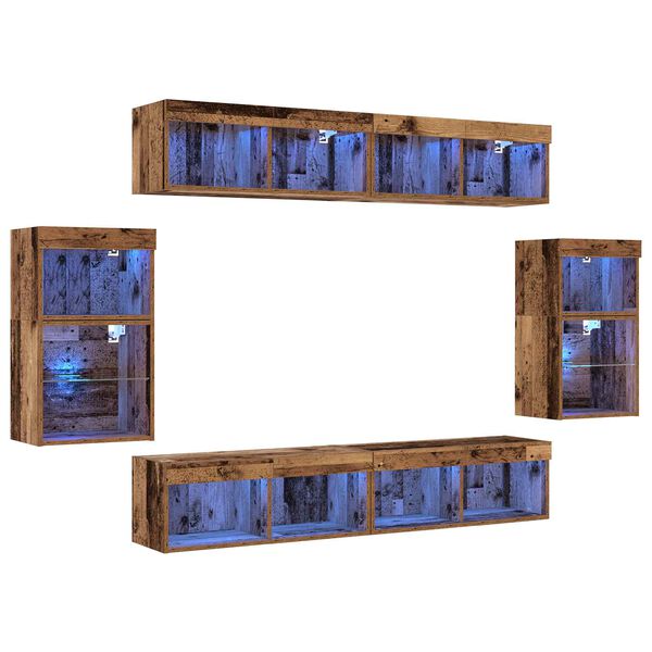vidaXL TV-Schrankset mit LED-Lichtleisten 8 pcs Altholz Holzwerkstoff