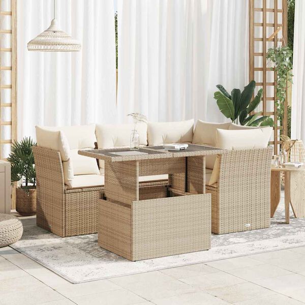 vidaXL 5-tlg. Garten-Sofagarnitur mit Kissen Beige Poly Rattan