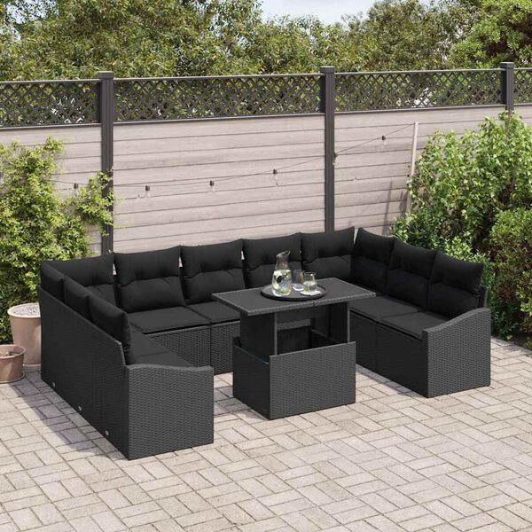 vidaXL Sofa Set mit Kissen 10 pcs Schwarz Poly-Rattan