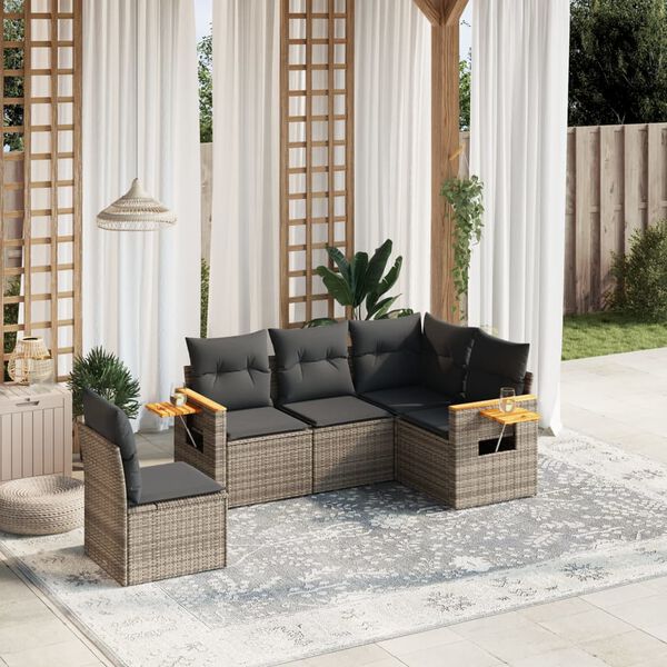 vidaXL 5-tlg. Garten-Sofagarnitur mit Kissen Grau Poly Rattan
