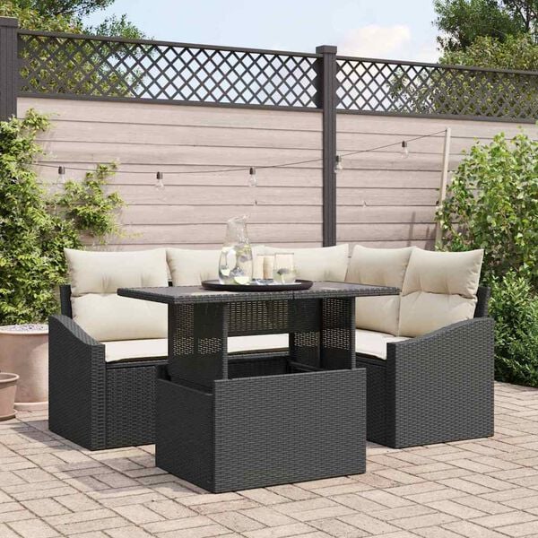 vidaXL Garten-Sofa-Set mit Kissen mit Speicher 5 pcs Schwarz und Creme