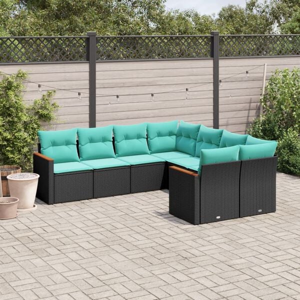 vidaXL 8-teiliges Gartensofa-Set mit Kissen, schwarzes Polyrattan