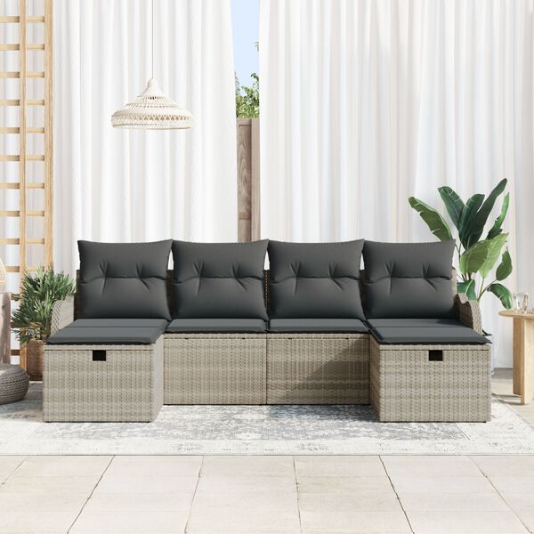 vidaXL Sofa Set mit Kissen mit Speicher 6 pcs Hellgrau Poly-Rattan